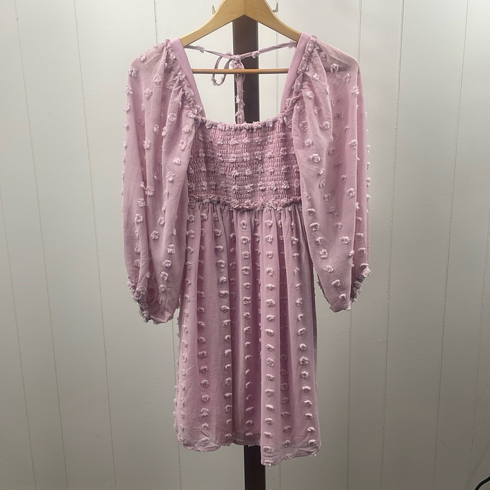 Listicle Pink Dotted Long Puff Sleeve Dress